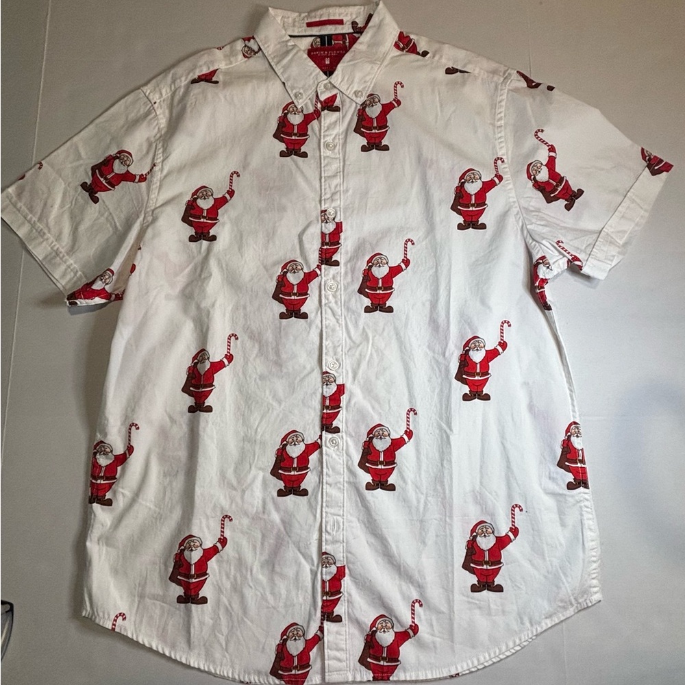 Denim Flower Button Up Shirt Large Men White Santa Claus Christmas Happy Holiday